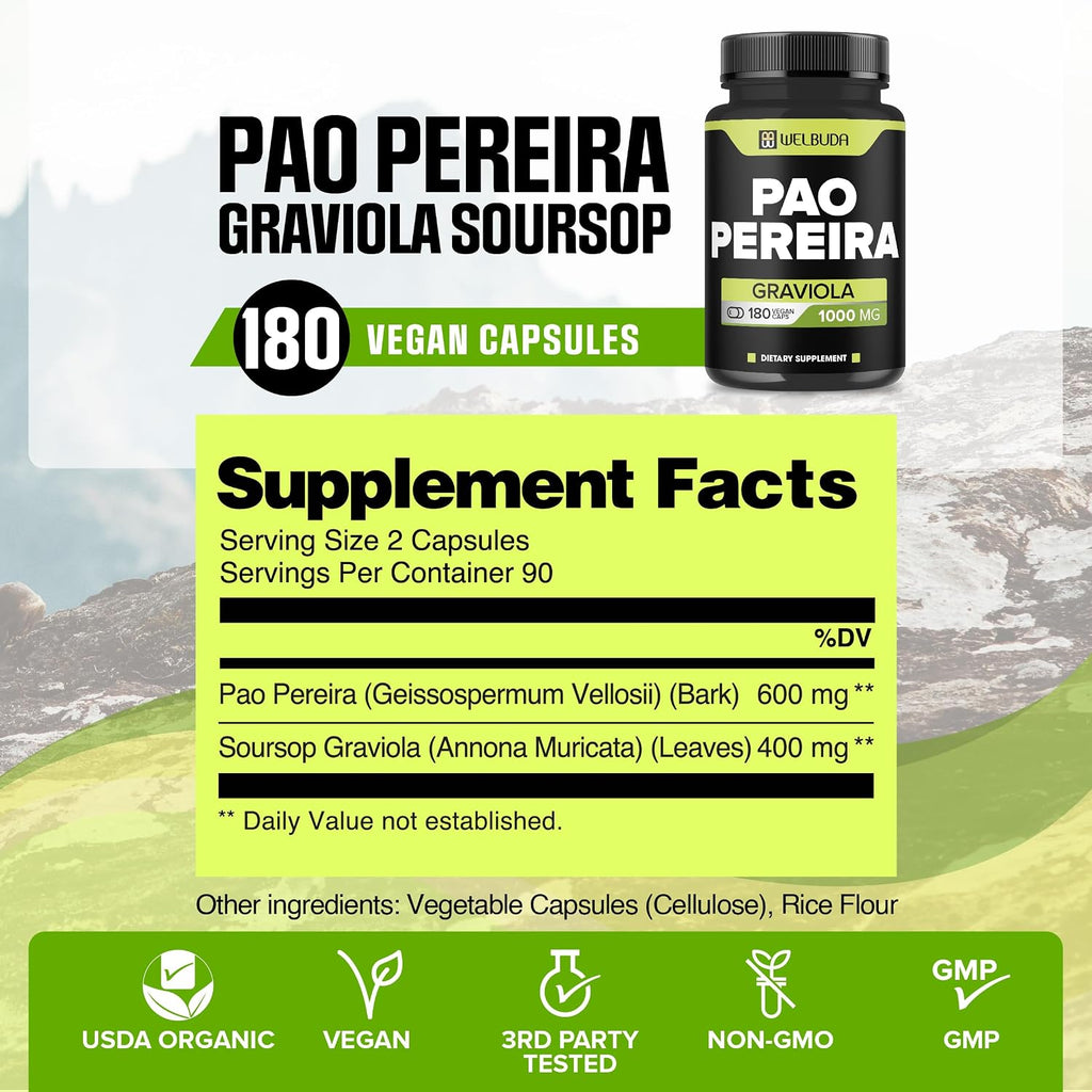 180 Cápsulas - Extracto de Pao Pereira 10:1 (600mg) con Graviola (400mg) - Fórmula Combinada