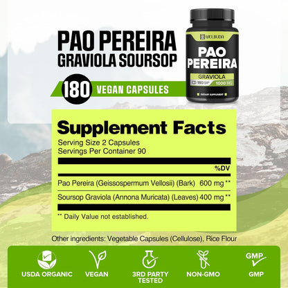 180 Cápsulas - Extracto de Pao Pereira 10:1 (600mg) con Graviola (400mg) - Fórmula Combinada