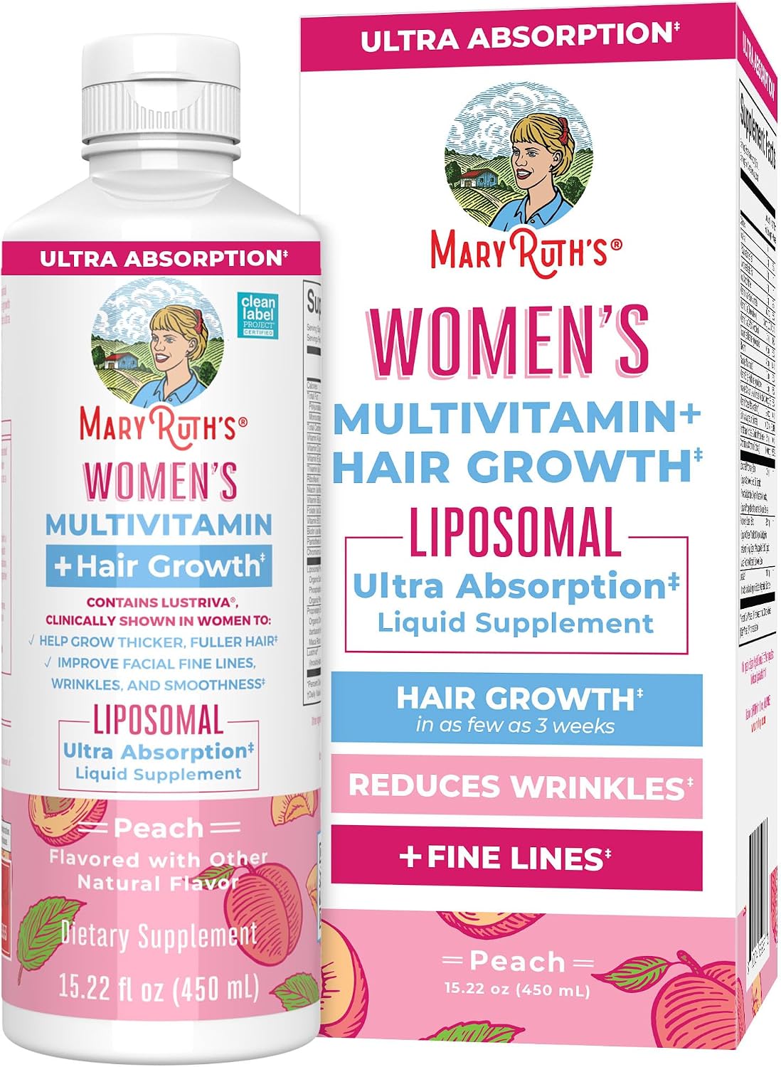 MARYRUTH'S Multivitamínico Femenino + Lustriva Crecimiento Capilar Liposomal | Biotina 10000mcg | Probado Clínicamente para un Cabello más Grueso y una Piel más Lisa | 15.22 Fl Oz