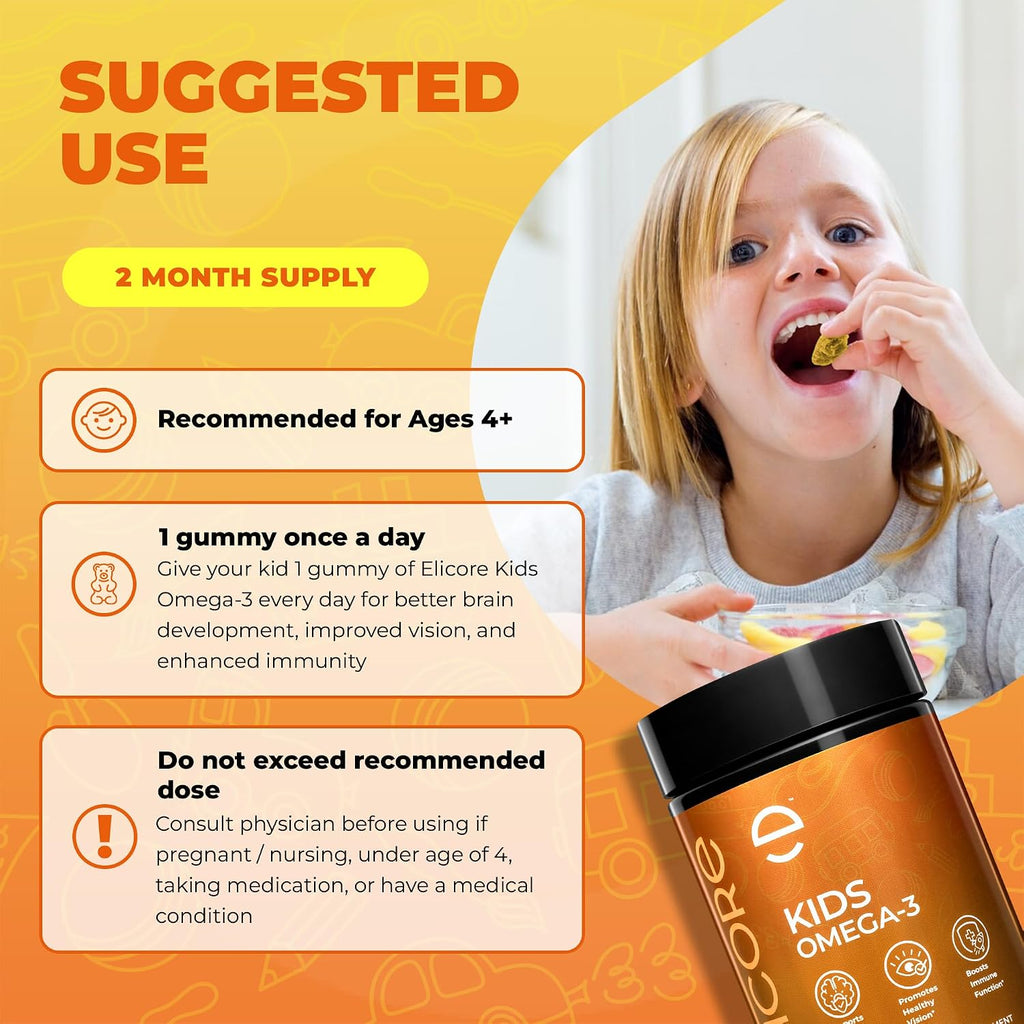 ELICORE Premium Kids Omega 3 Gummies – Sabor Naranja – 2 Meses de Suministro