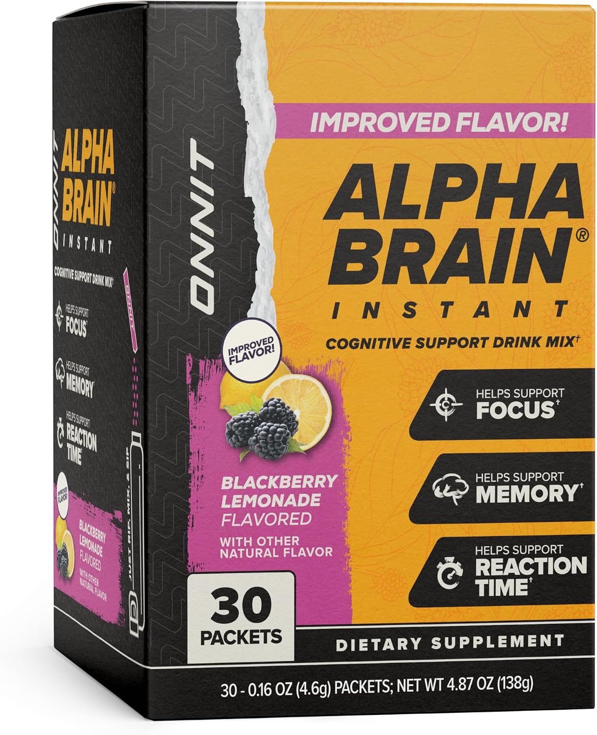 ONNIT Alpha BRAIN Instant Mezcla para Bebida de Apoyo Cognitivo, Sabor BlackBerry Lemonade, 30 Sobres de 3.7 g