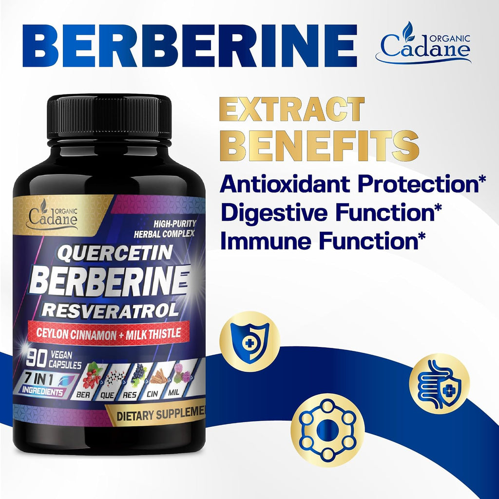 Organic Cadane Berberina 7en1 - 90 Cápsulas - Suplemento con Quercetina y Canela