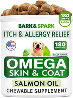 Omega 3 para Perros y Gatos - 180 Golosinas de Aceite de Salmón con EPA y DHA - Complemento para Piel, Pelaje y Articulaciones - Sabor Bacon