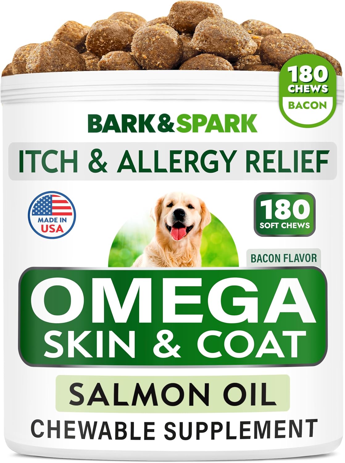 Omega 3 para Perros y Gatos - 180 Golosinas de Aceite de Salmón con EPA y DHA - Complemento para Piel, Pelaje y Articulaciones - Sabor Bacon
