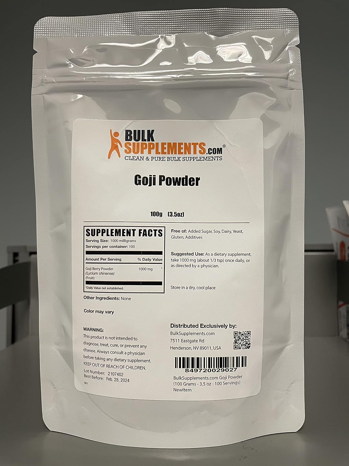 BulkSupplements Polvo de Bayas de Goji - Suplemento Vegano y Sin Gluten, 100 g