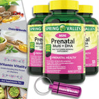 Choice Bundle Spring Valley Prenatal Multi + DHA Complete Multivitamin Multimineral Supplement Mini Softgels 120 Ct 4 pk (480 Total) + Vitamin Guide & Pill Container (6 Items)