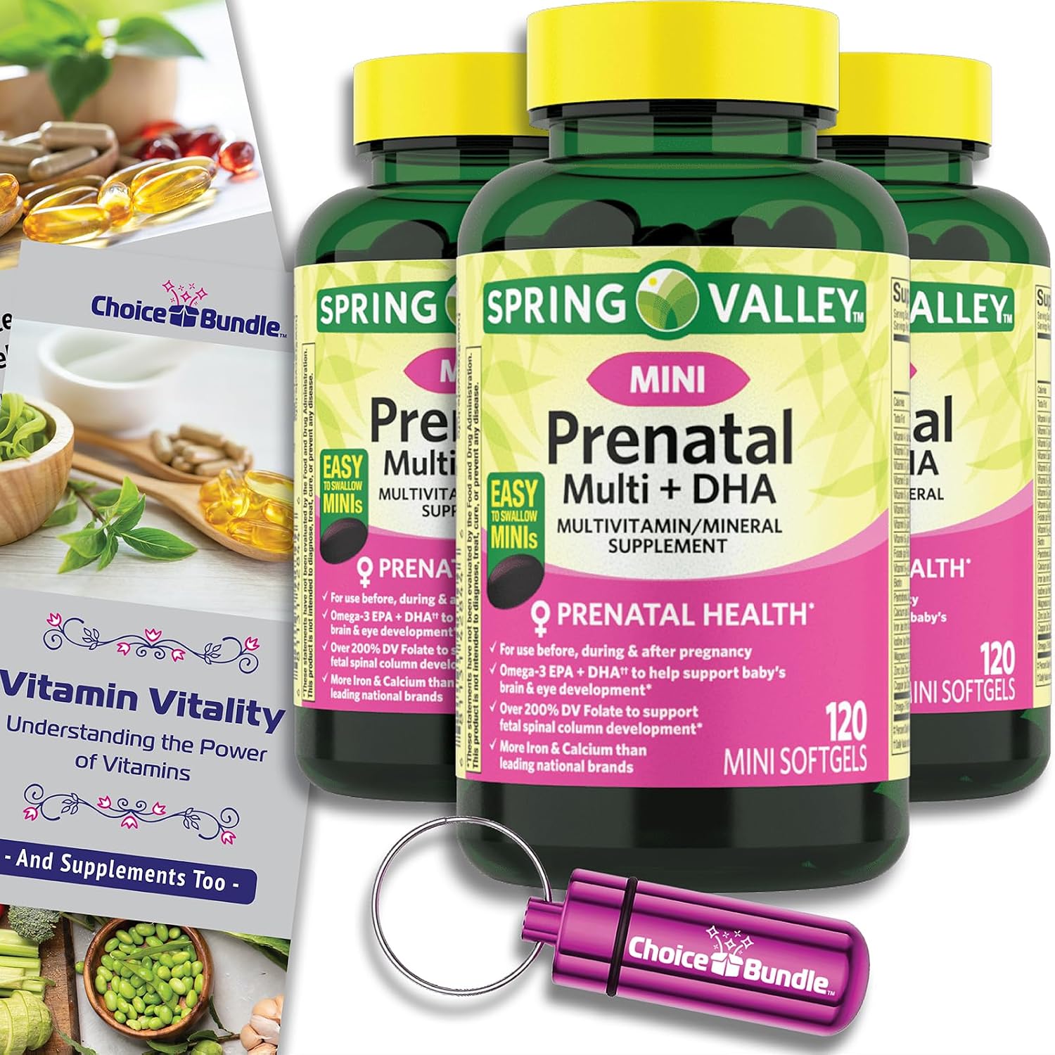 Choice Bundle Spring Valley Prenatal Multi + DHA Complete Multivitamin Multimineral Supplement Mini Softgels 120 Ct 4 pk (480 Total) + Vitamin Guide & Pill Container (6 Items)