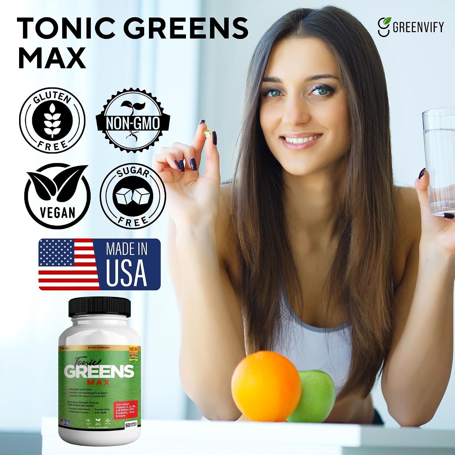 GREENVIFY Tonic Greens Max - Suplemento de Apoyo Inmunológico y Digestivo, 60 Cápsulas