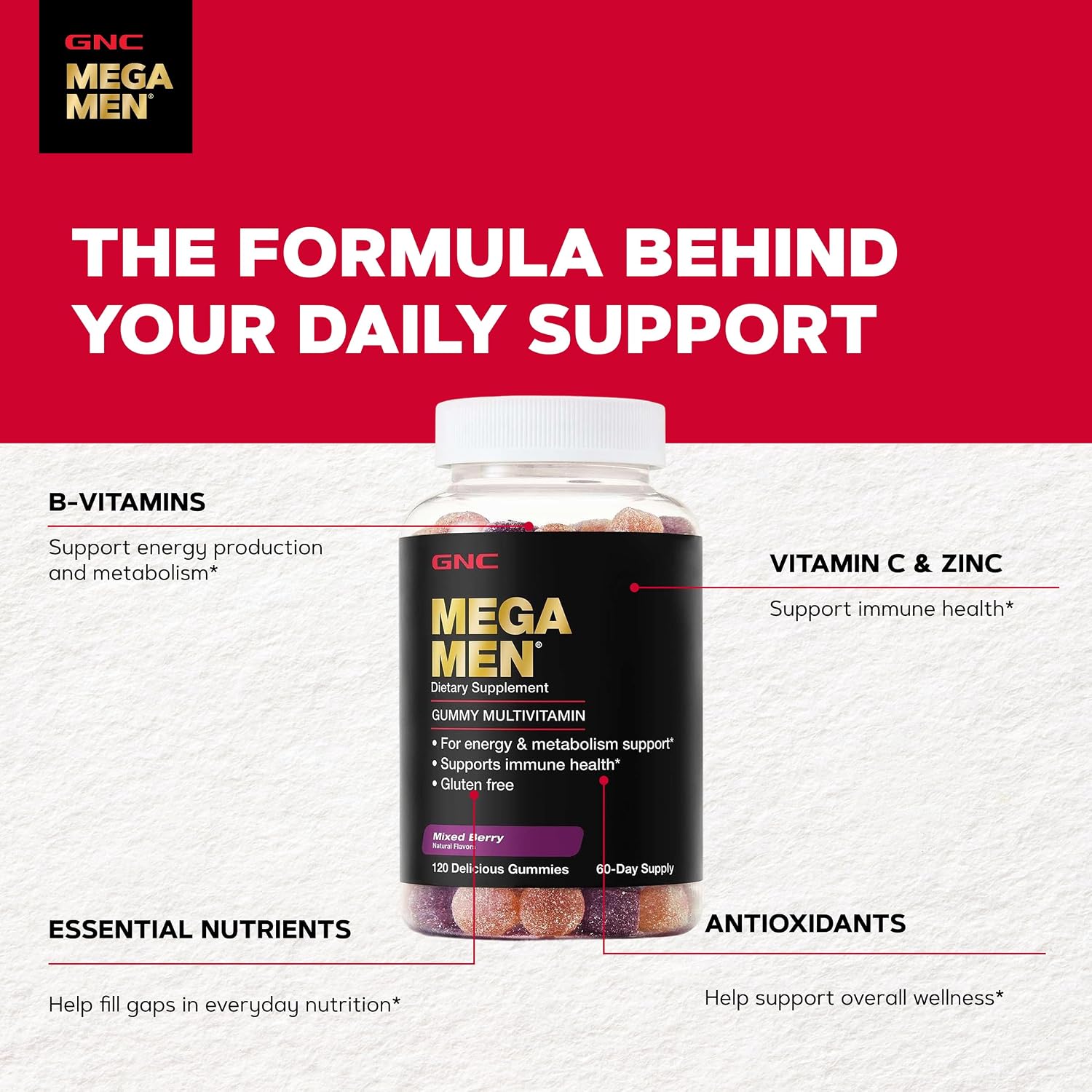 GNC Mega Men Multivitamínico en Gomitas para Hombres - Energía, Metabolismo e Inmunidad, Sabor Frutos Rojos, 120 Gomitas