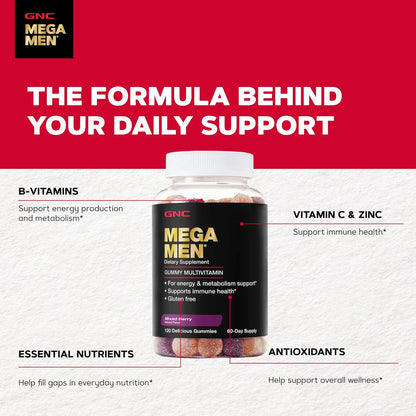 GNC Mega Men Multivitamínico en Gomitas para Hombres - Energía, Metabolismo e Inmunidad, Sabor Frutos Rojos, 120 Gomitas – Image 5