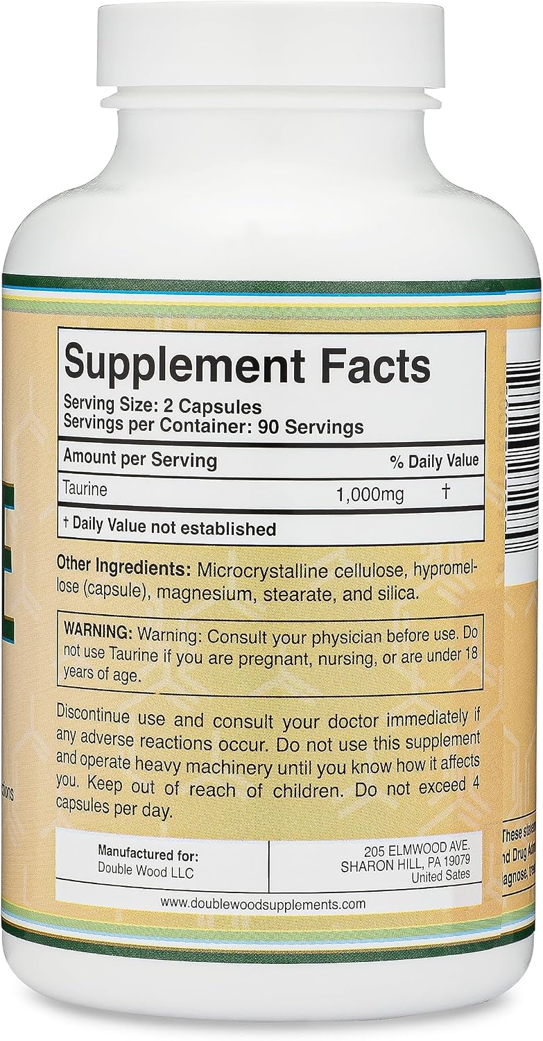 Taurina 1000mg por Ración, 180 Cápsulas - L-Taurina Vegana, Sin Gluten | Double Wood