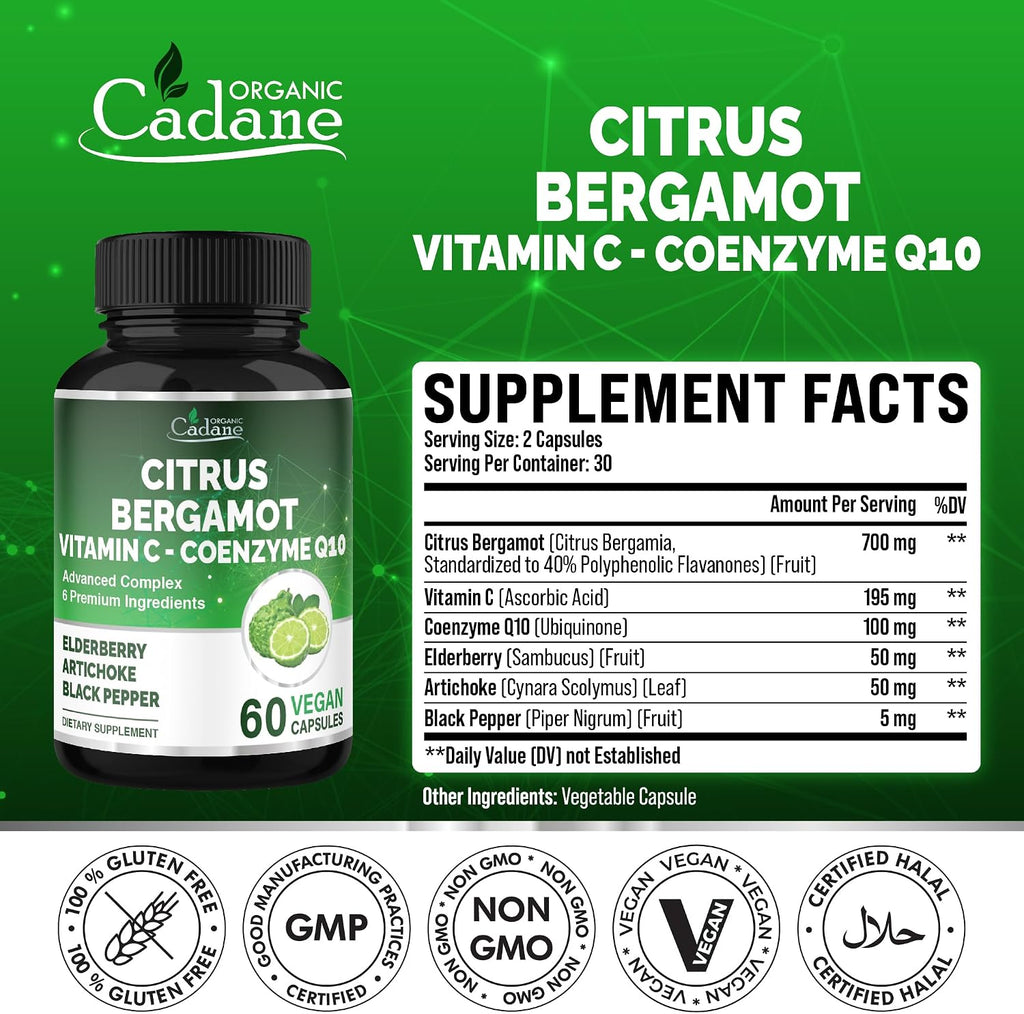 Cadane Suplemento de Bergamota Cítrica con Vitamina C, CoQ10, Saúco, Alcachofa y Pimienta Negra - 60 Cápsulas - 30 Días