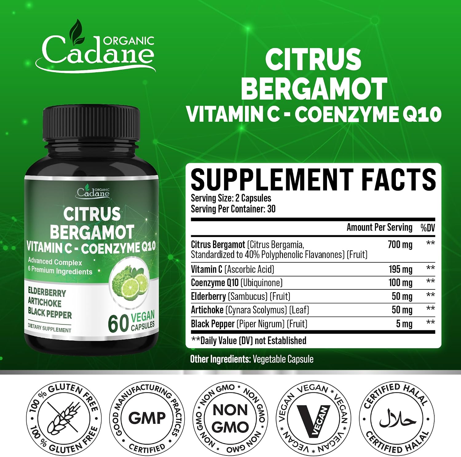 Cadane Suplemento de Bergamota Cítrica con Vitamina C, CoQ10, Saúco, Alcachofa y Pimienta Negra - 60 Cápsulas - 30 Días