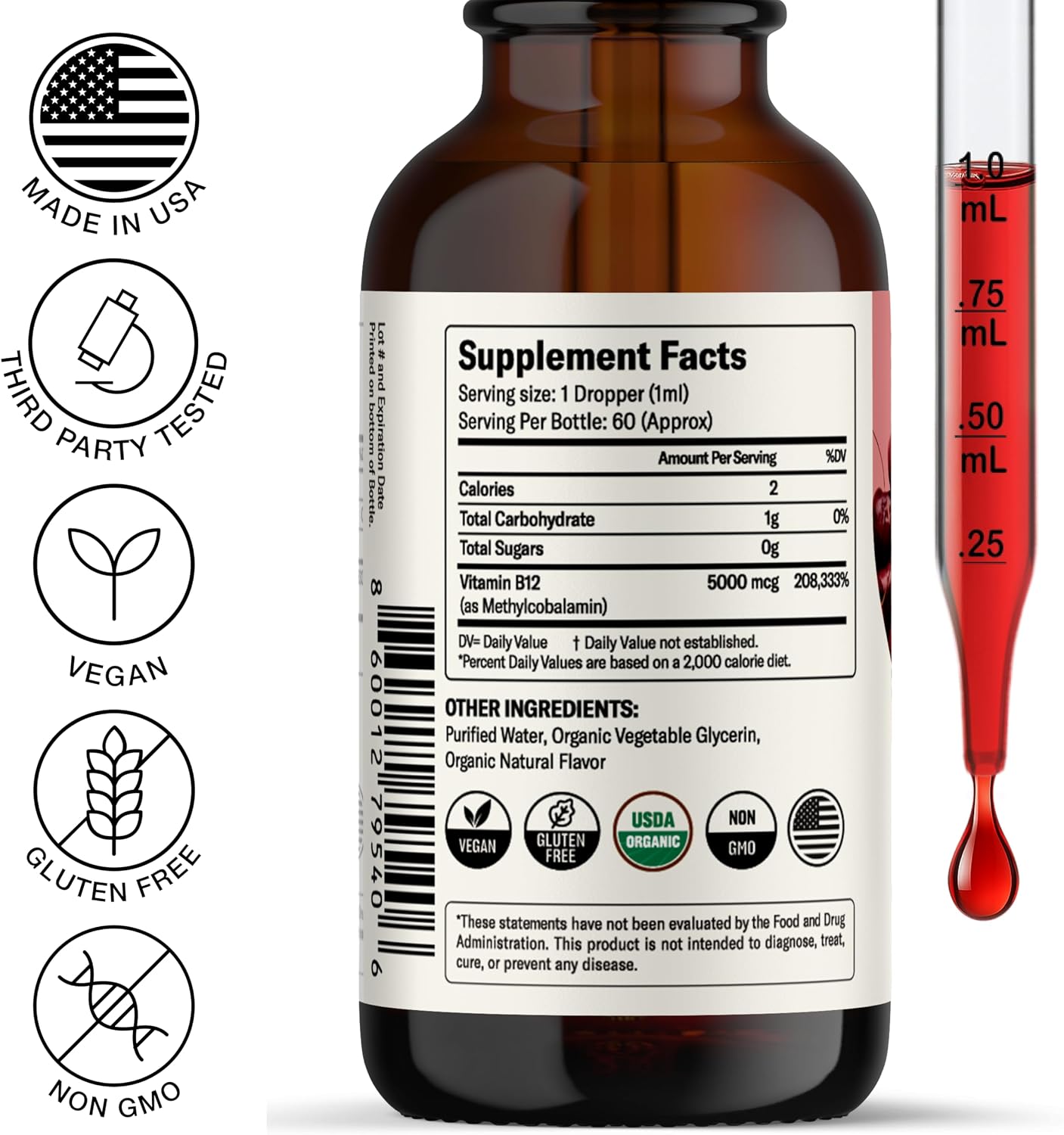 Nursh+ Boost Vitamina B12 5000 mcg Gotas Sublinguales – Metilcobalamina Orgánico y Vegano