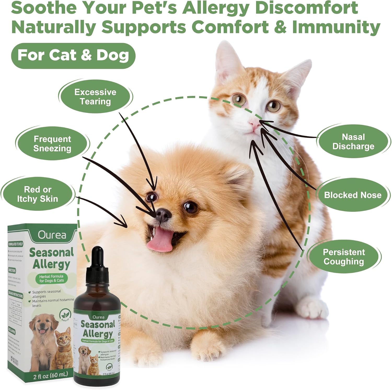 Alivio para Alergias Estacionales en Perros y Gatos - Fórmula Herbal Natural - Líquido de Rápida Absorción