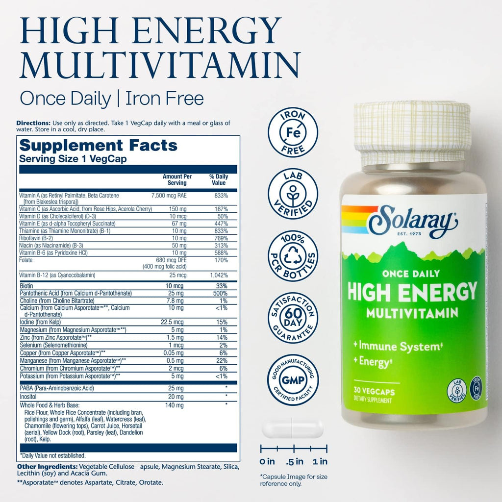 SOLARAY Multivitamínico Diario de Alta Energía Sin Hierro – 30 Cápsulas Veganas