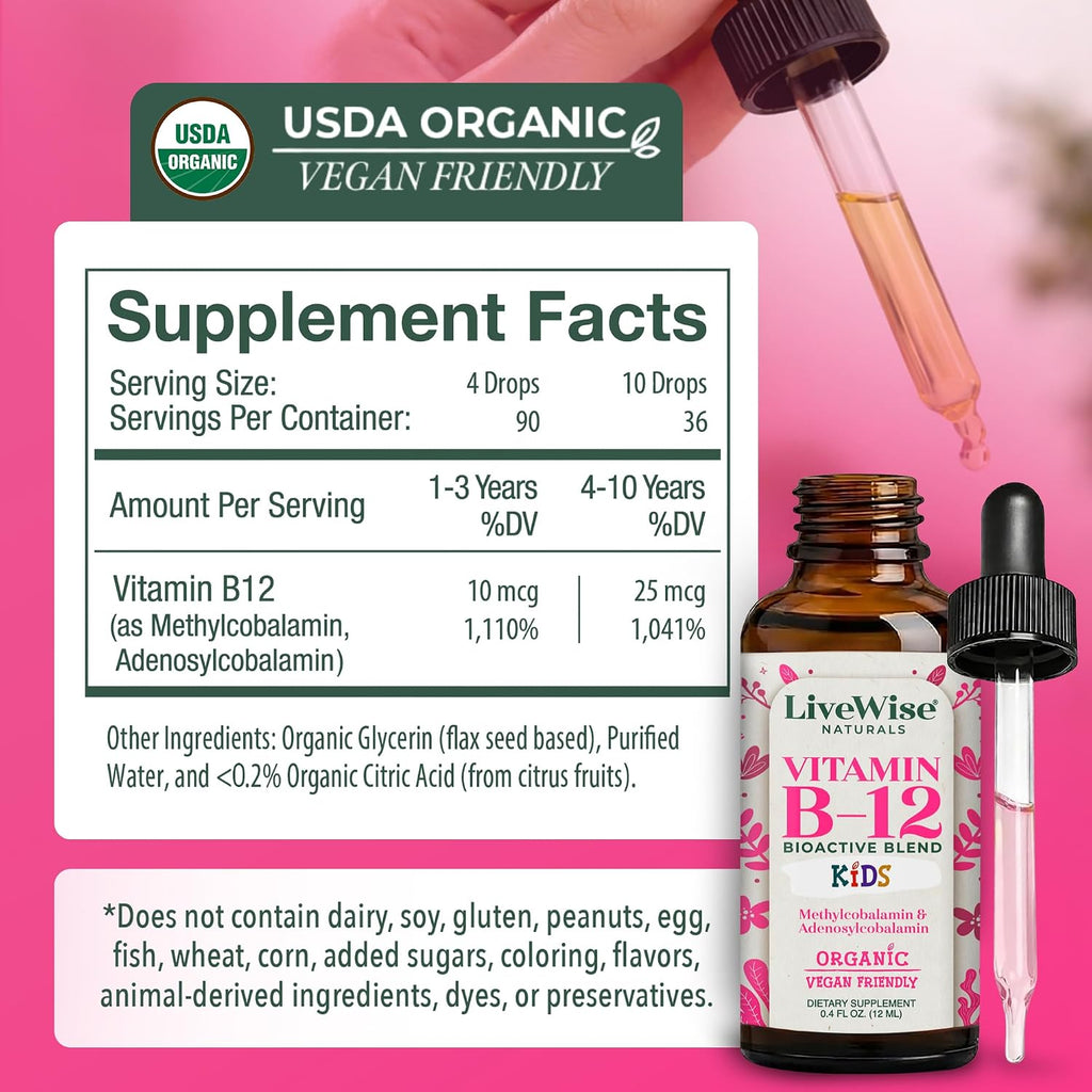 Live Wise Naturals Gotas Líquidas Orgánicas de Vitamina B12 para Niños, 12 ml (0.4 fl oz)