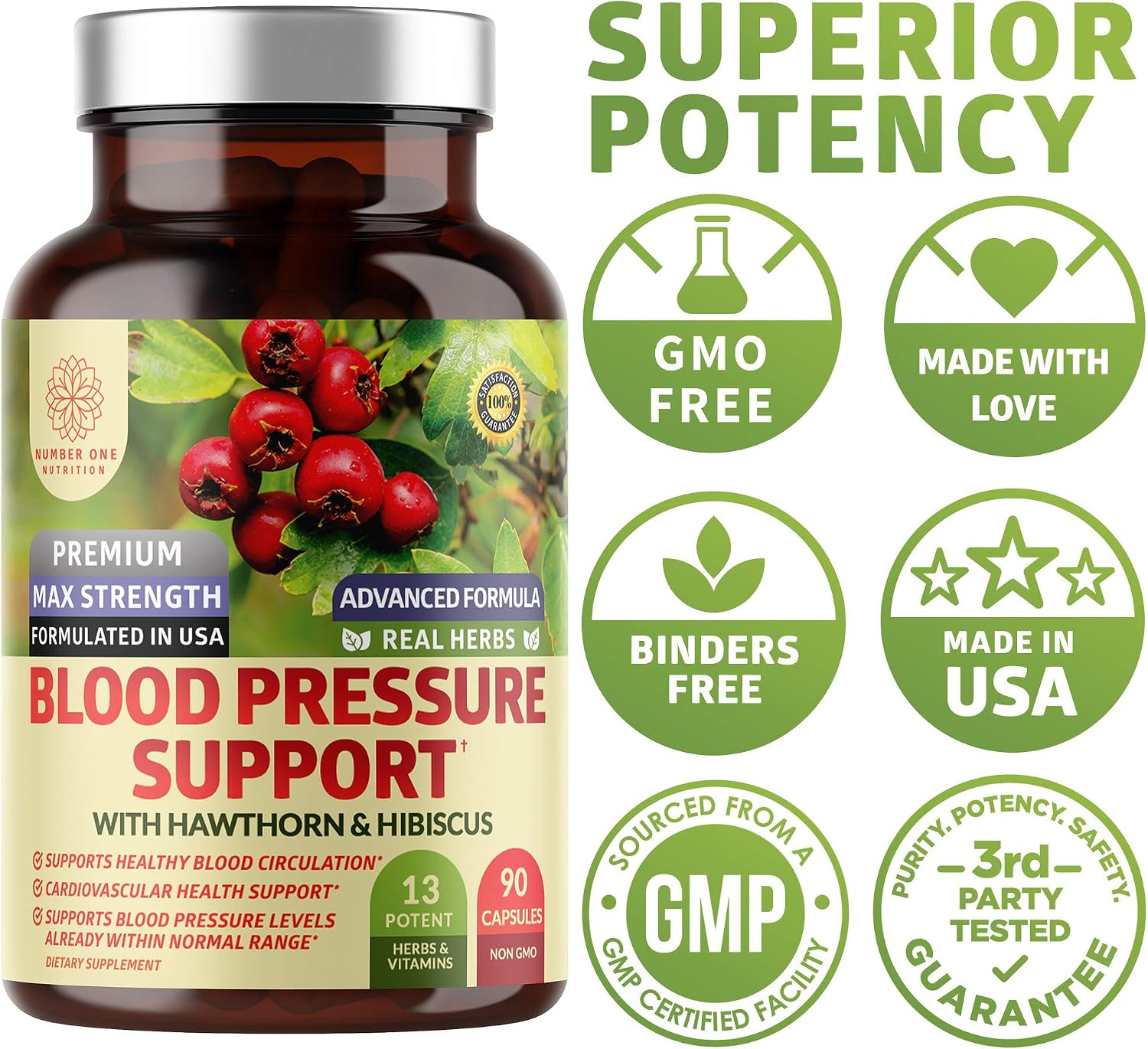 N1N Premium Blood Pressure Support con Espino Blanco e Hibisco, Suplemento Natural para la Circulación y Salud General, 90 Cápsulas