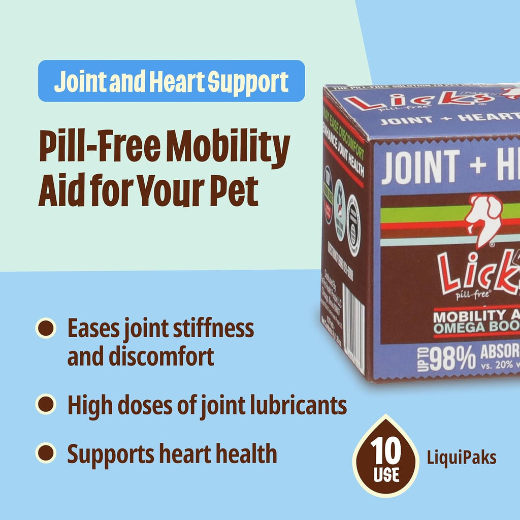 Licks Joint & Heart Support - Apoyo para articulaciones y corazón - MSM, Omega-3 y Vitamina E - Sobres de gel sabor pollo - 10 sobres