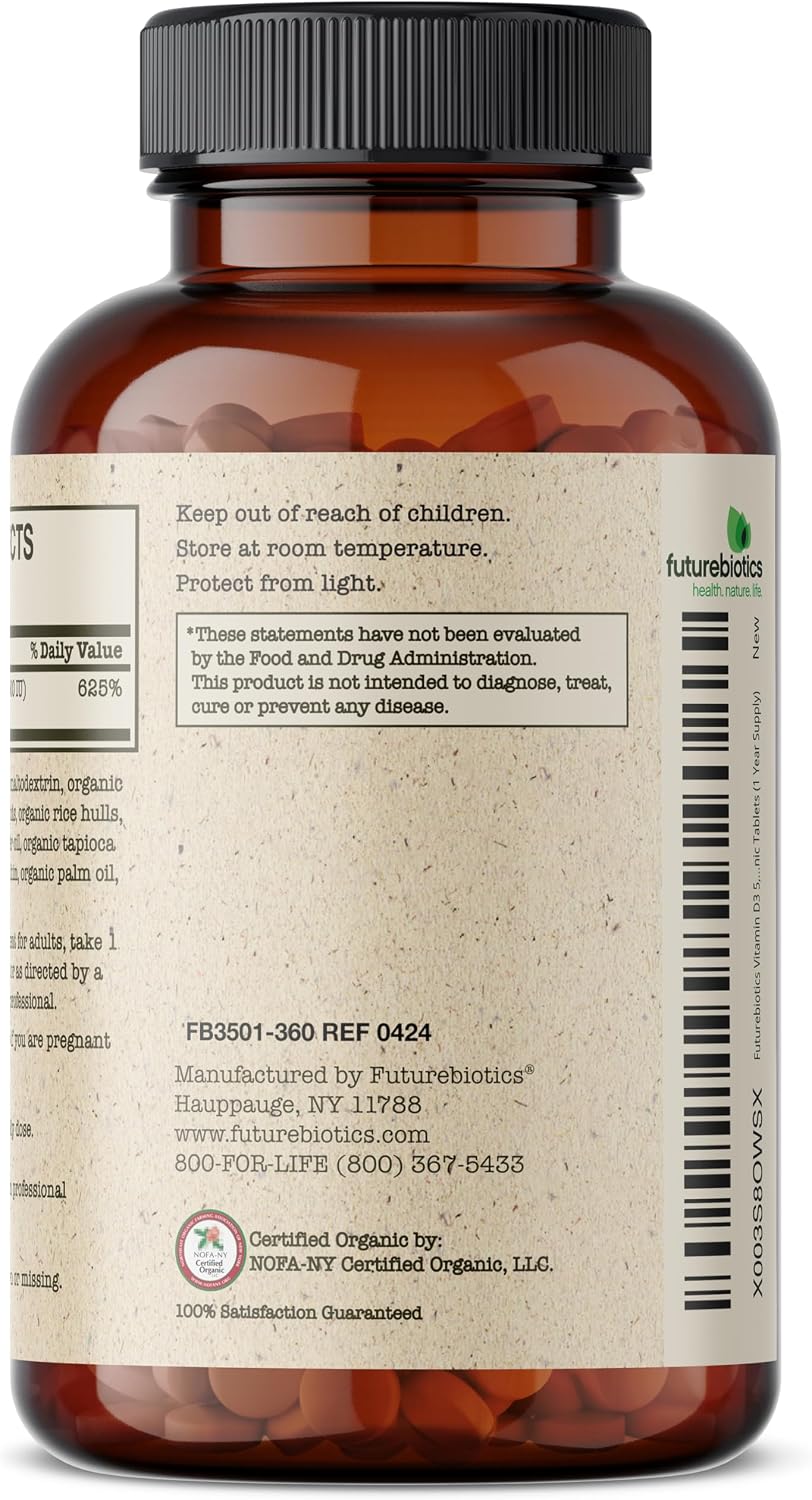 Futurebiotics Vitamin D3 5,000 IU (125 mcg) Orgánica Certificada USDA - 360 Comprimidos
