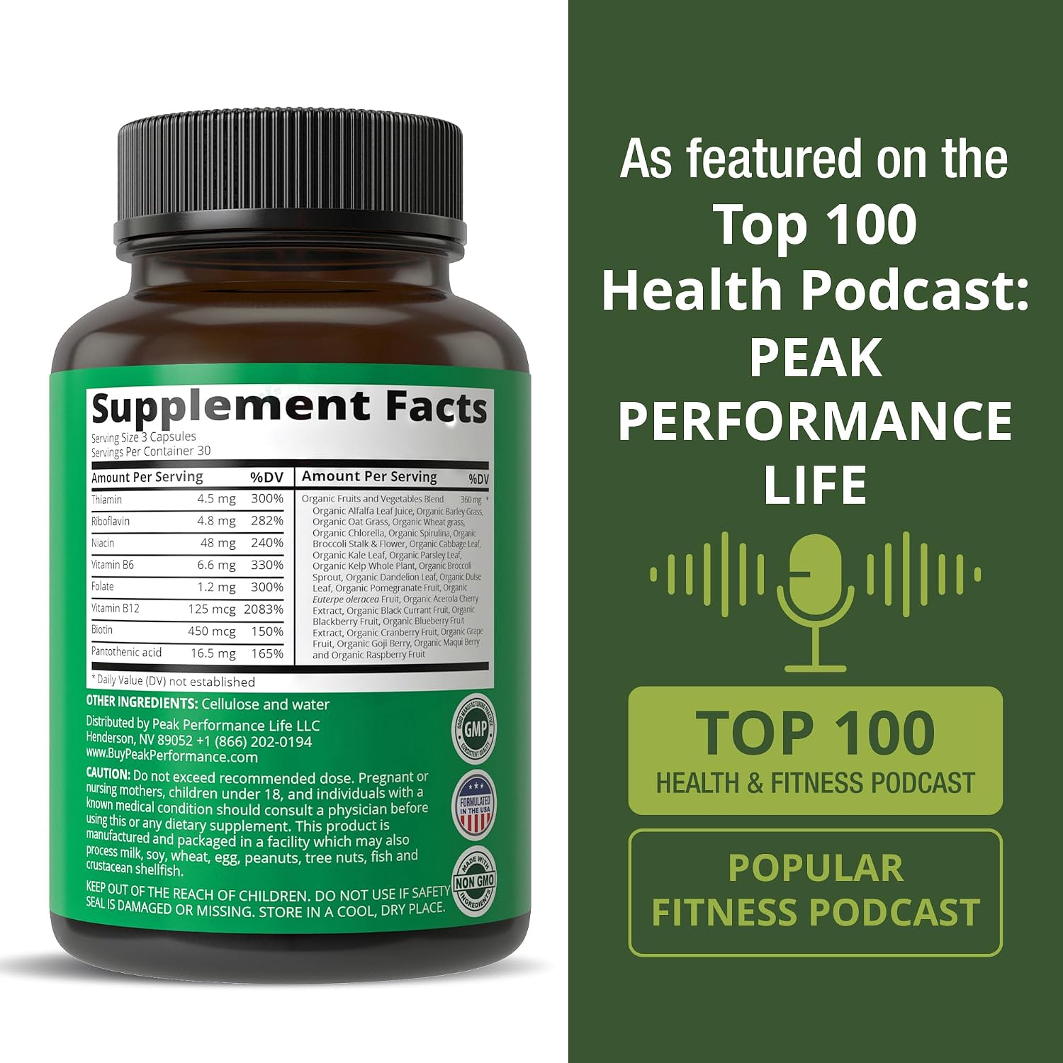 Complejo B con Frutas y Verduras - 90 Cápsulas Veganas - Peak Performance