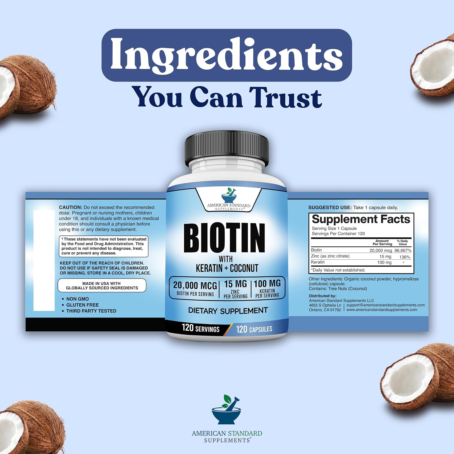 American Standard Supplements Biotina 20.000 mcg con Keratina y Zinc, 120 Cápsulas Veganas