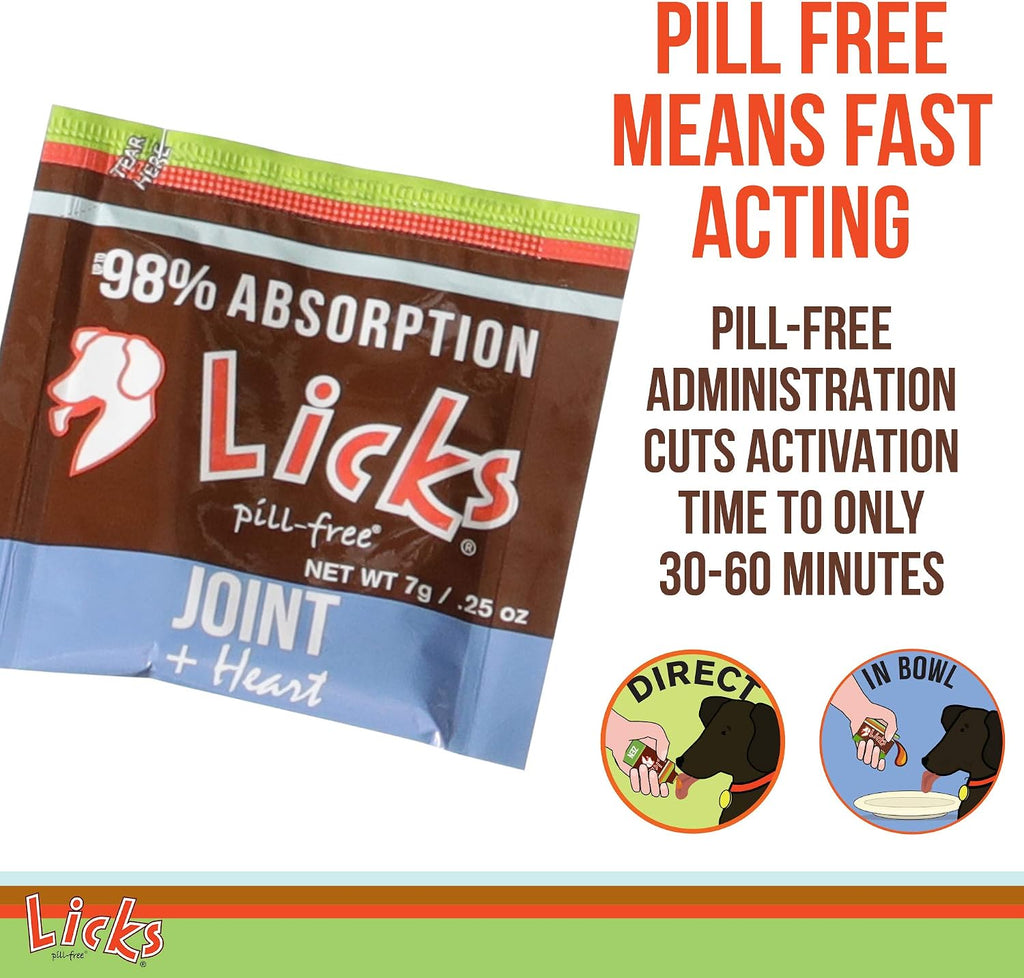 Licks Joint & Heart Support - Apoyo para articulaciones y corazón - MSM, Omega-3 y Vitamina E - Sobres de gel sabor pollo - 10 sobres