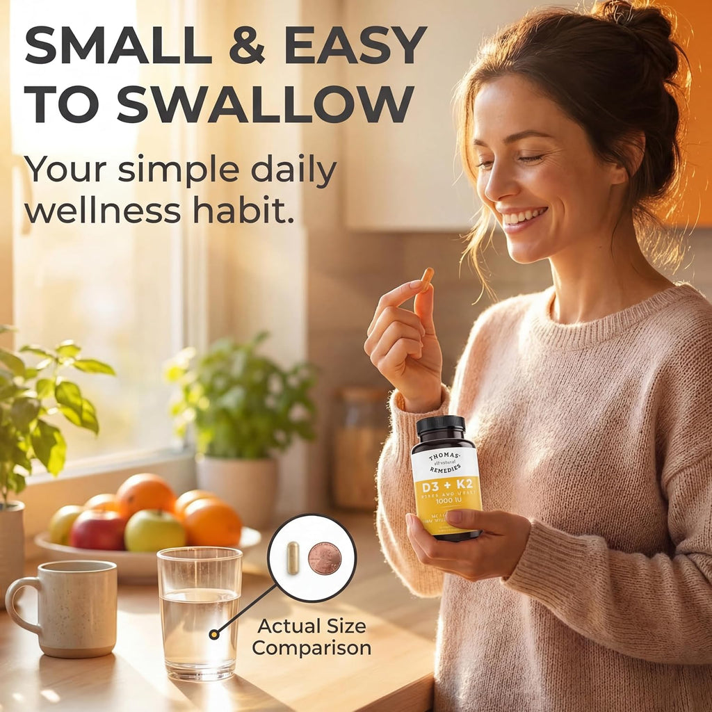 Thomas' all-natural Remedies D3 + K2 con MCT Oil y Mezcla de Alimentos Integrales, 1000 UI D3, Vegano, 120 Cápsulas