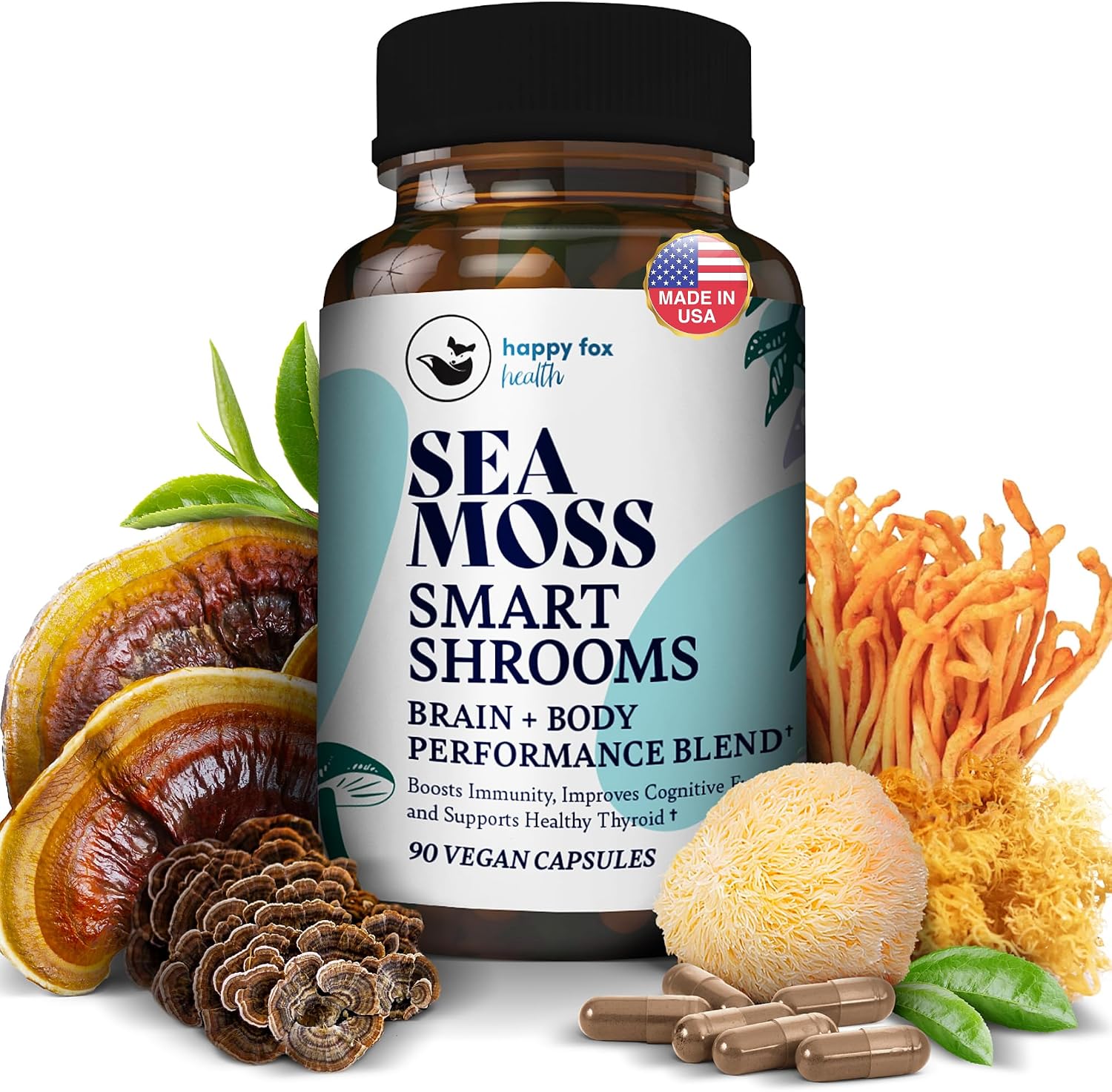 HAPPY FOX Cápsulas de Musgo Irlandés y Hongos Adaptógenos - 1500 mg, 90 Cápsulas Veganas
