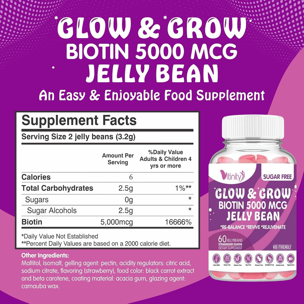 VITINITY Biotin 5000 mcg Extra Strength - Gominolas sin azúcar - 60 unidades (30 días)