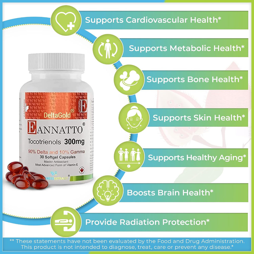 WELLNESS EXTRACT Eannatto Tocotrienols Vitamina E Sin Tocoferoles, Non-GMO, Sin Gluten, Antioxidante (300 mg, 30 cápsulas blandas)