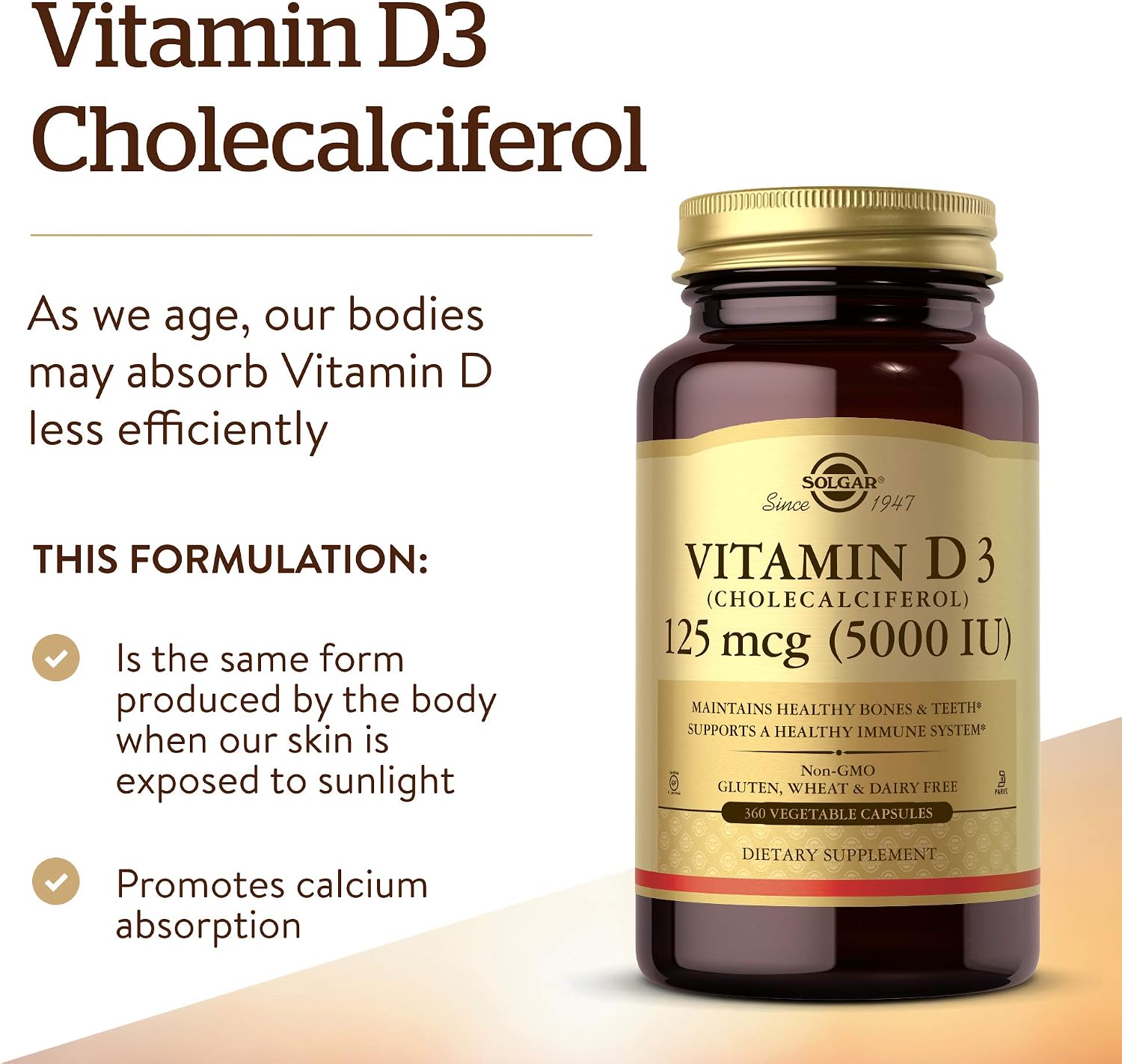 Solgar Vitamina D3 (Colecalciferol) 125 mcg (5000 UI), 360 Cápsulas Vegetales