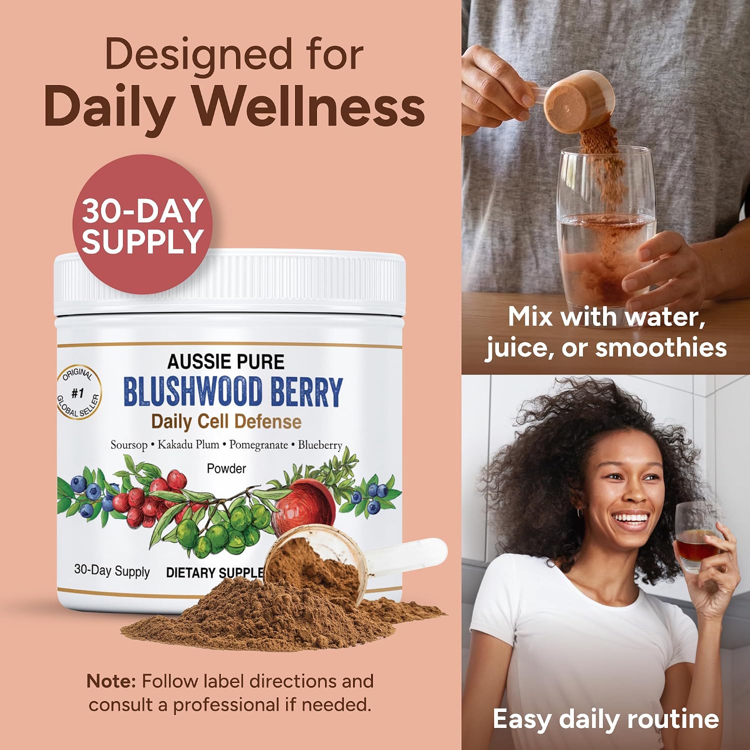 Blushwood Berry Daily Cell Defense - Polvo de apoyo inmunológico y celular con Soursop, Kakadu Plum, Granada y Arándano - 180g