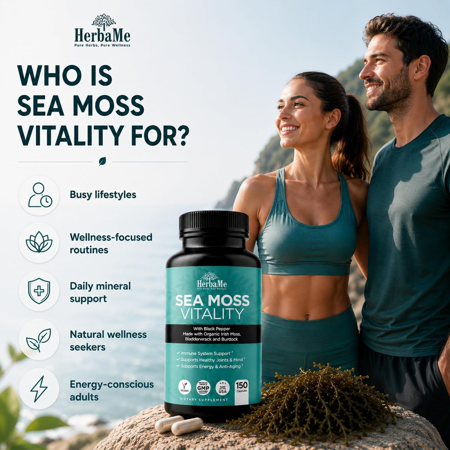 HerbaMe Musgo de Mar Orgánico con Bladderwrack, Bardana y Pimienta Negra - 150 Cápsulas Vegetales