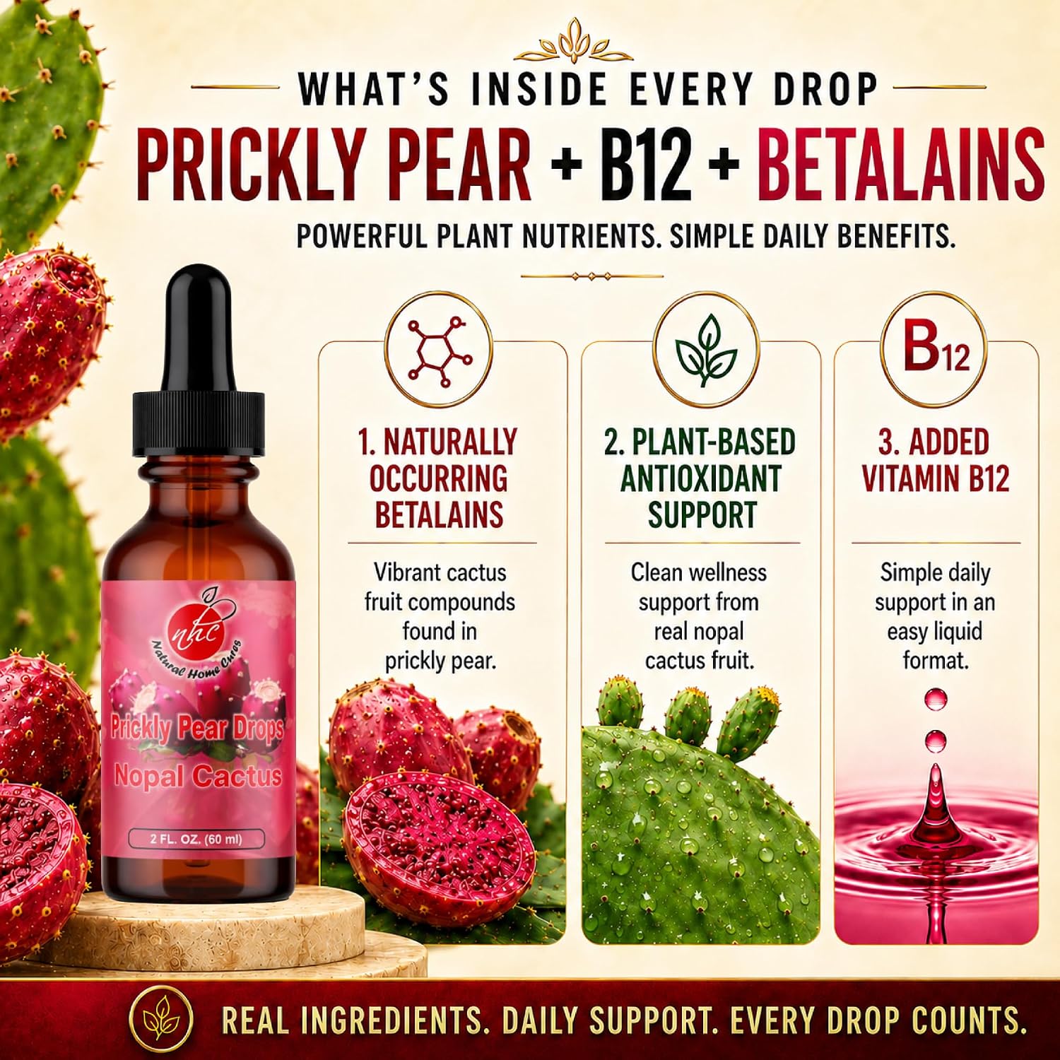 Natural Home Cures Gotas de Cactus Nopal con Vitamina B12, Concentrado de Fruta de Cactus, Suplemento Líquido con Betalaínas y Nutrientes Vegetales, 3 Botellas, 180 Porciones, 60 ml cada una