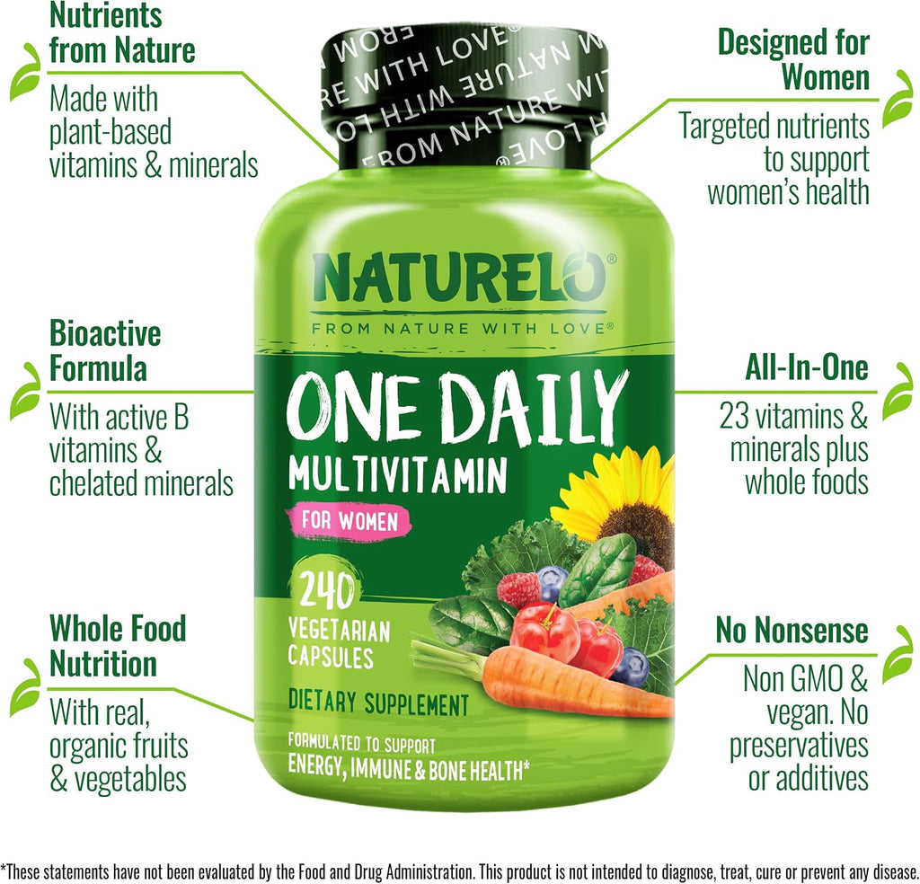 NATURELO Multivitamínico Diario para Mujeres - 240 Cápsulas - con Vitamina B12, Complejo B Activo, Extractos Vegetales, Sin OMG, Vegano - 8 Meses de Suministro
