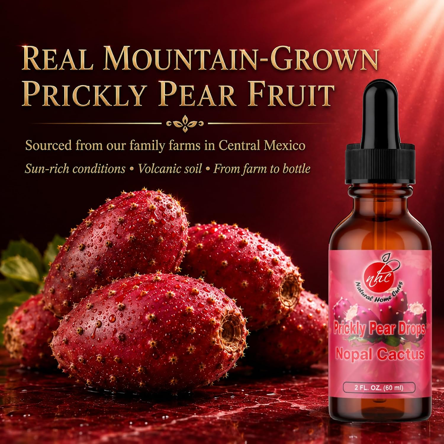 Natural Home Cures Gotas de Cactus Nopal con Vitamina B12, Concentrado de Fruta de Cactus, Suplemento Líquido con Betalaínas y Nutrientes Vegetales, 3 Botellas, 180 Porciones, 60 ml cada una