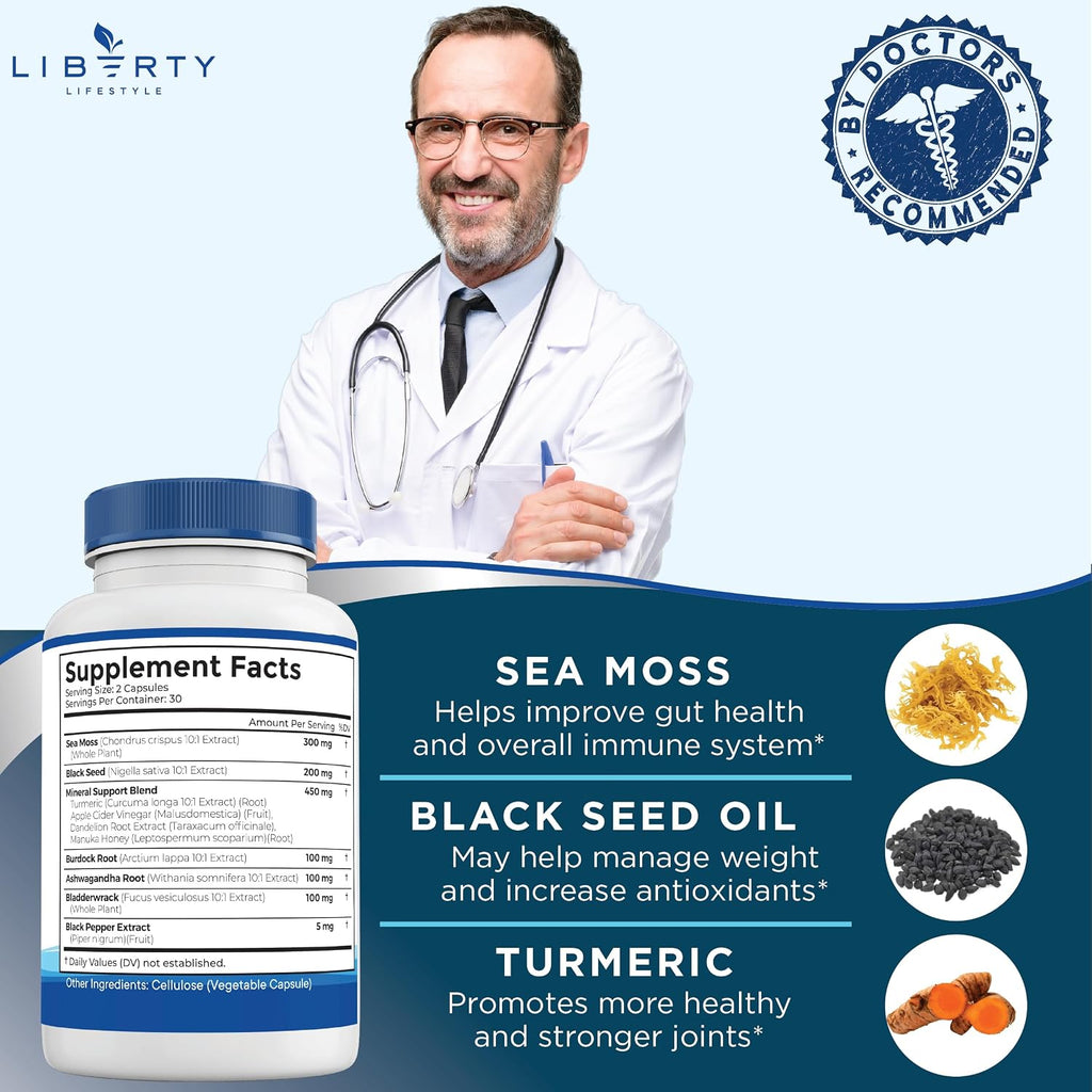Liberty Lifestyle Sea Moss Black Seed Oil Ashwagandha Turmeric Bladderwrack Burdock - con Manuka, Honey Dandelion, ACV Black Pepper Gluten Free - 1-Pack