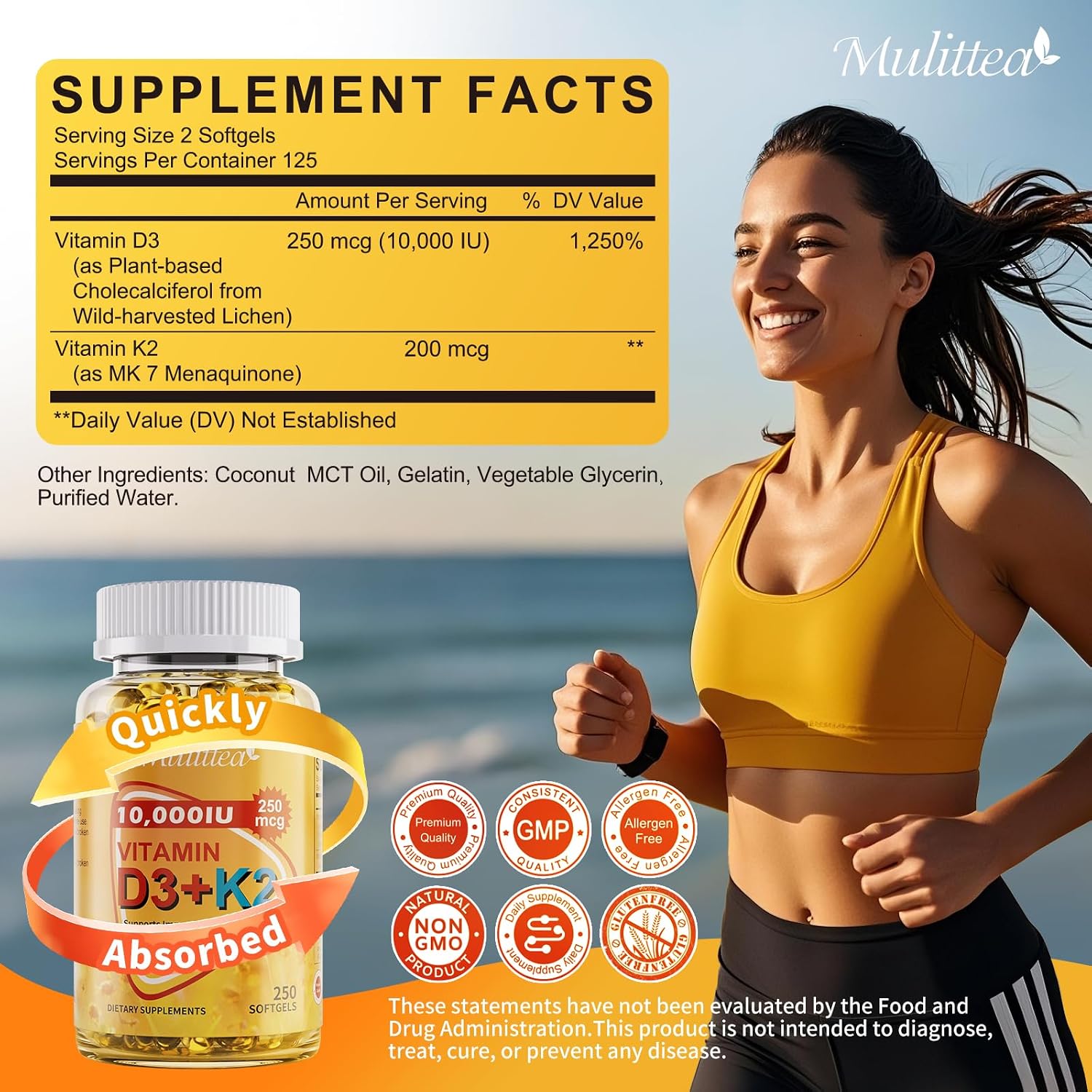 Vitamina D3 y K2 Vegana 10000 UI con MK-7 y Aceite MCT de Coco - 250 Cápsulas Blandas