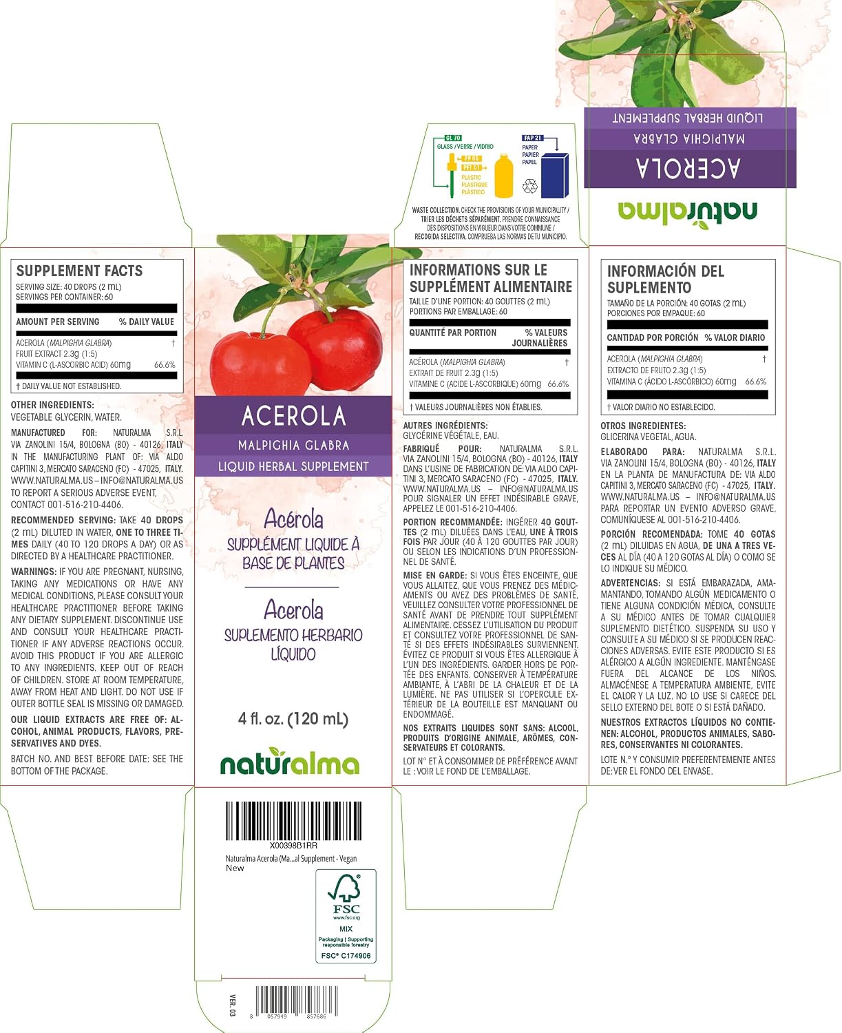 Naturalma Acerola (Malpighia glabra) Extracto Líquido sin Alcohol - Rico en Vitamina C - 118 ml