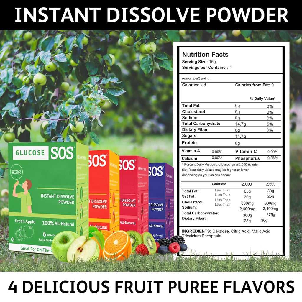 Glucose SOS Polvo de Glucosa en Sobres con Dextrosa Natural, Absorción Rápida que se Disuelve Instantáneamente en la Boca sin Agua, Manzana Verde, 12 unidades