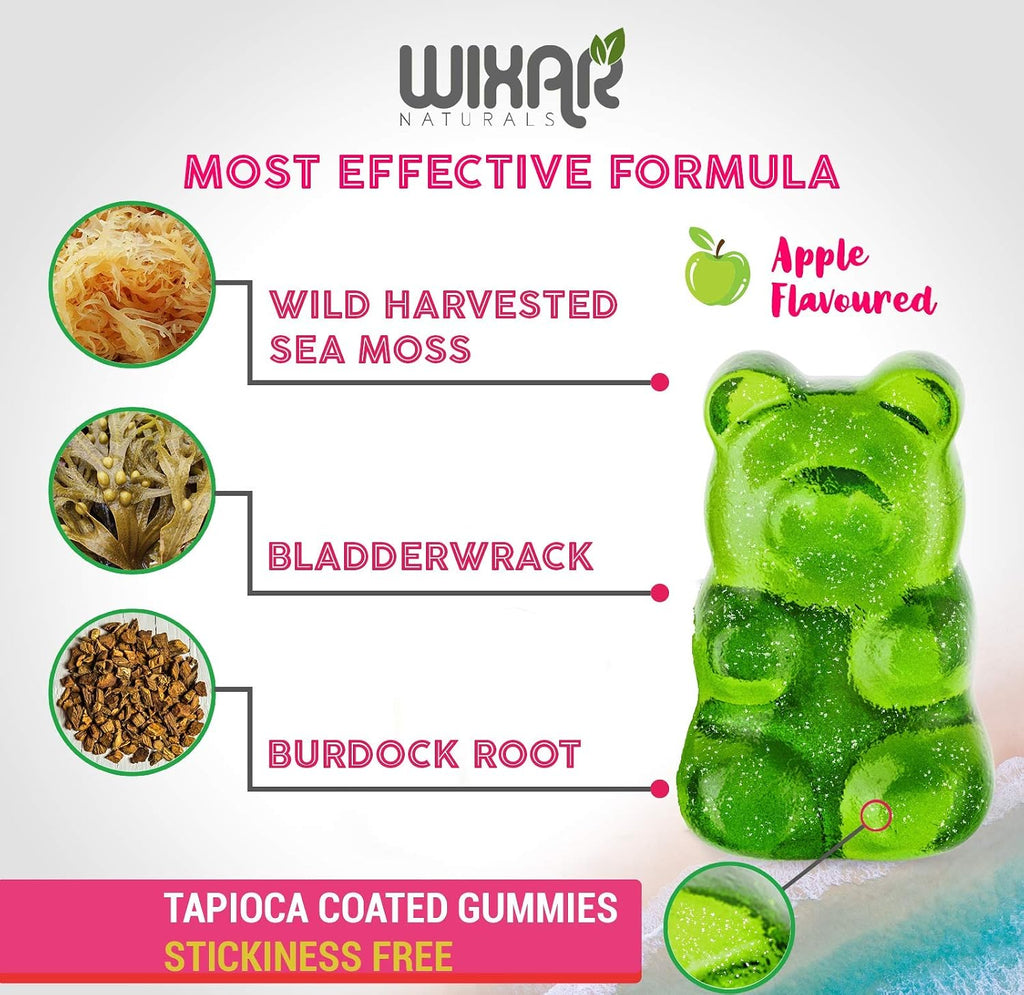 WIXAR NATURALS Gominolas de Musgo Marino con Irish Sea Moss, Bladderwrack y Bardana - 60 Gominolas Veganas