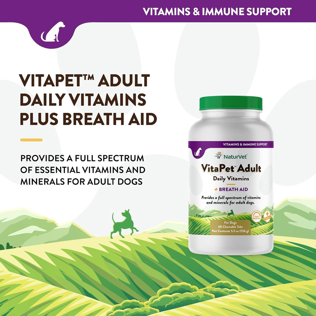NaturVet VitaPet Adult Daily Vitamins for Dogs With Breath Aid – 60 Comprimidos Masticables