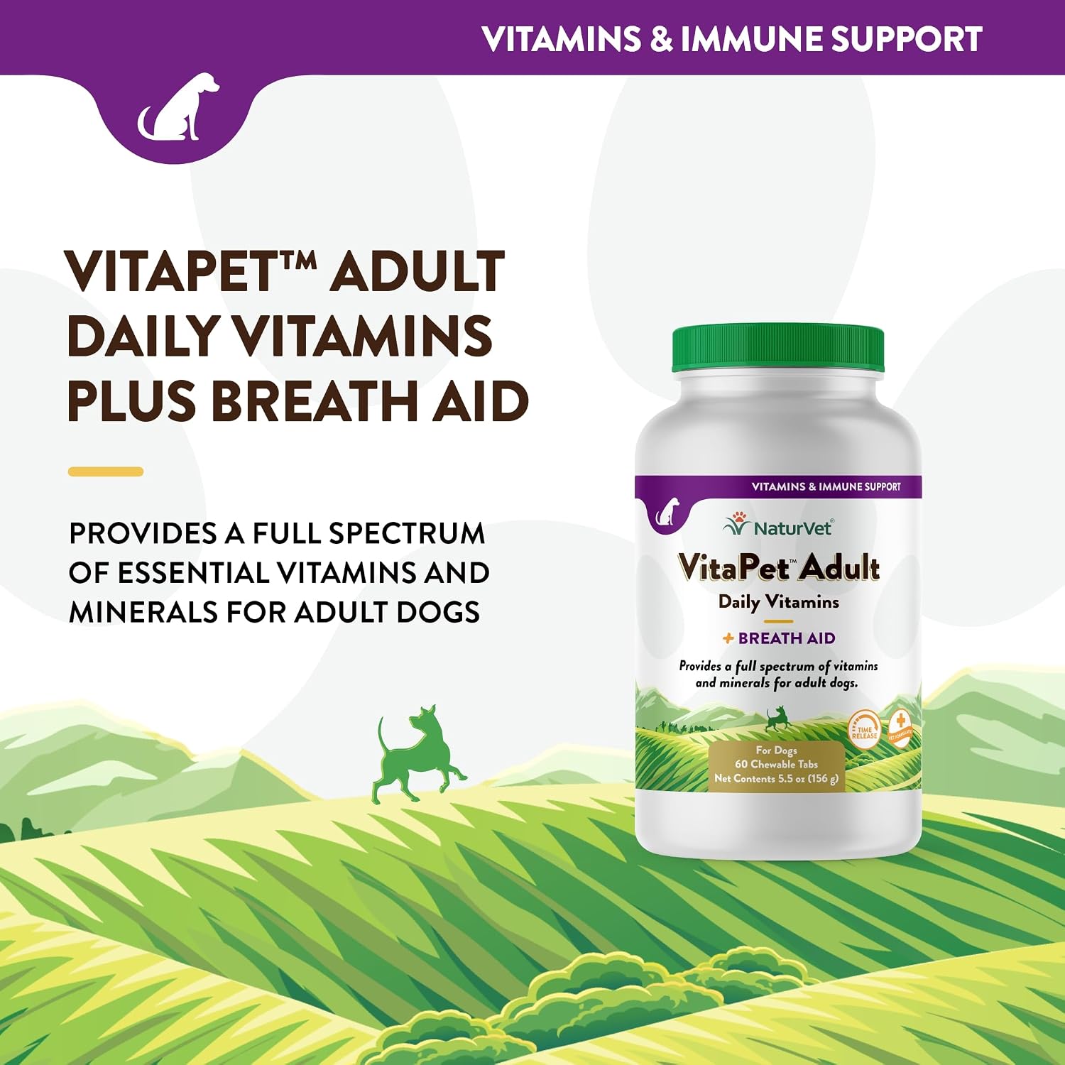 NaturVet VitaPet Adult Daily Vitamins for Dogs With Breath Aid – 60 Comprimidos Masticables