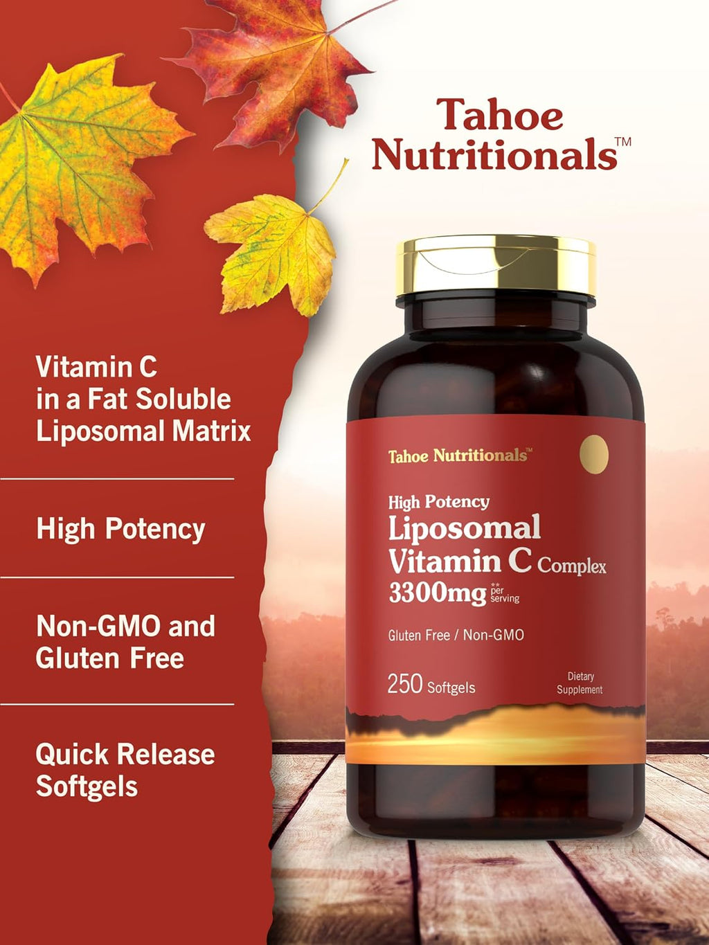 Tahoe Nutritionals Complejo de Vitamina C Liposomal | 3300mg | 250 Cápsulas Blandas | Alta Potencia