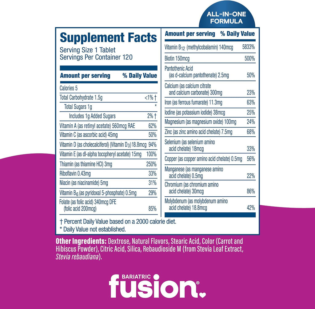Bariatric Fusion Multivitamínico con Hierro - 120 Comprimidos Masticables - Sabor Berry Mixto