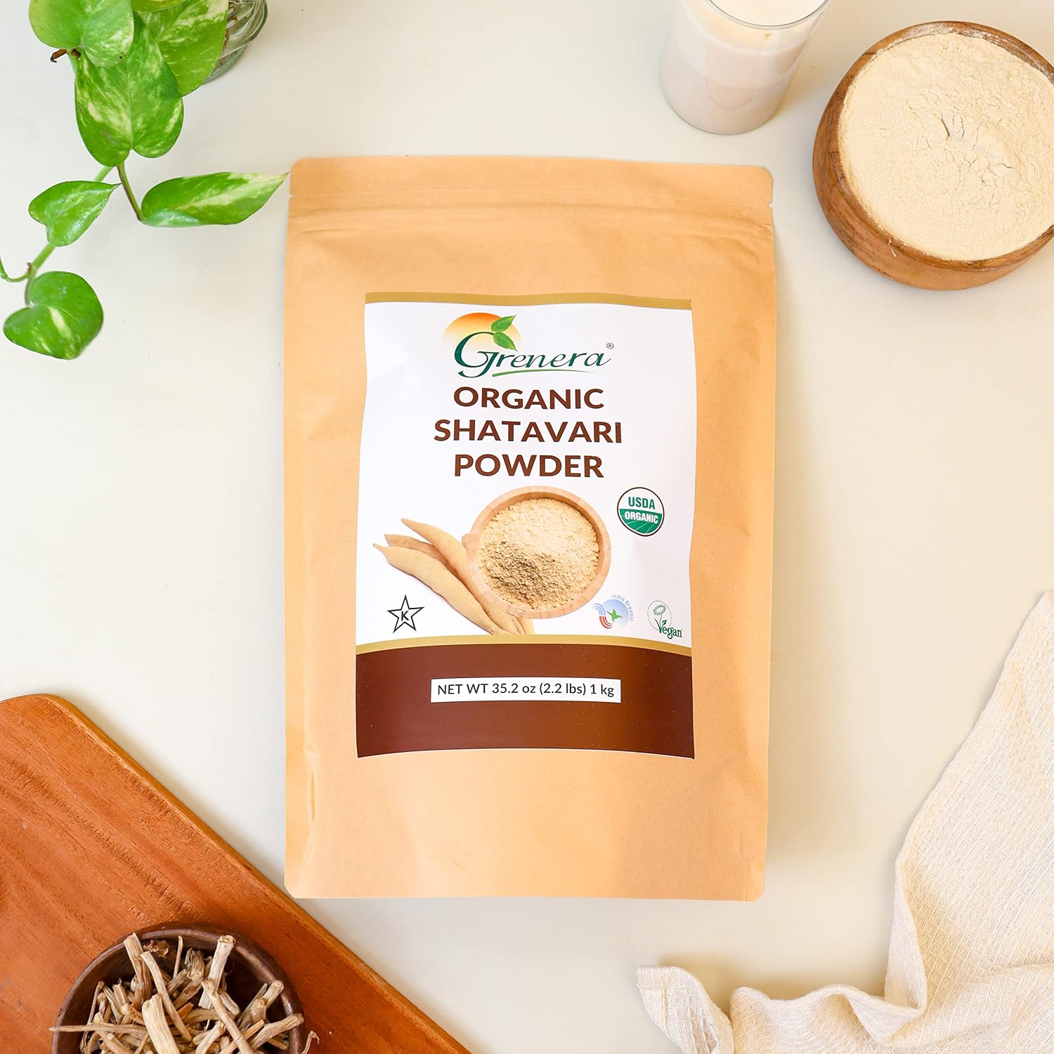 Grenera Organic Shatavari Powder - Raíz de Shatavari Orgánica USDA - Un Solo Ingrediente, Sin OGM, Sin Gluten - Asparagus racemosus - Fácil de Mezclar - Bolsa Resellable de 1 kg