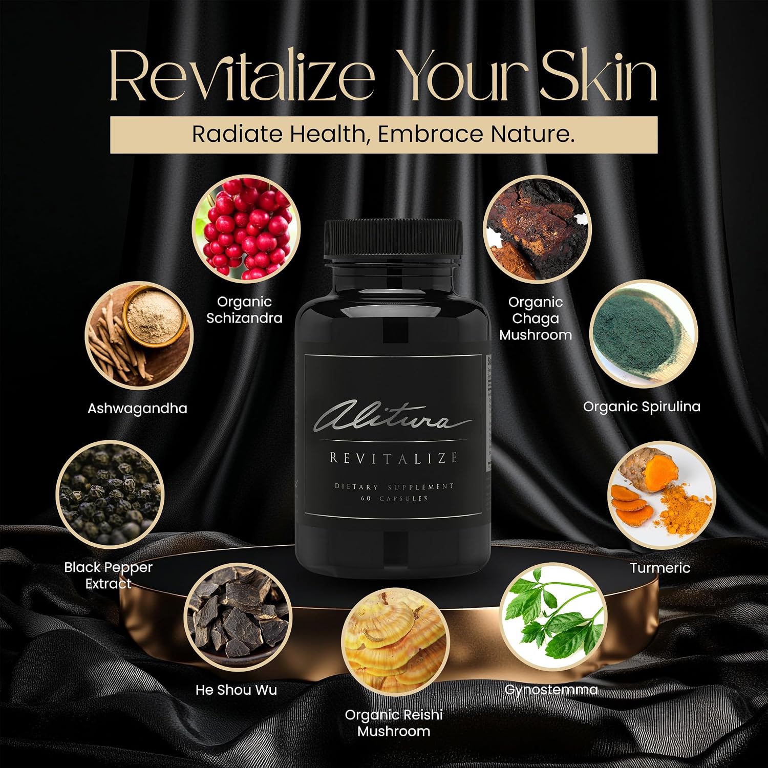 Alitura Revitalize - Suplemento Orgánico de Ashwagandha y Cúrcuma - Energía Natural, Estado de Ánimo y Recuperación para Hombres y Mujeres - 60 Cápsulas