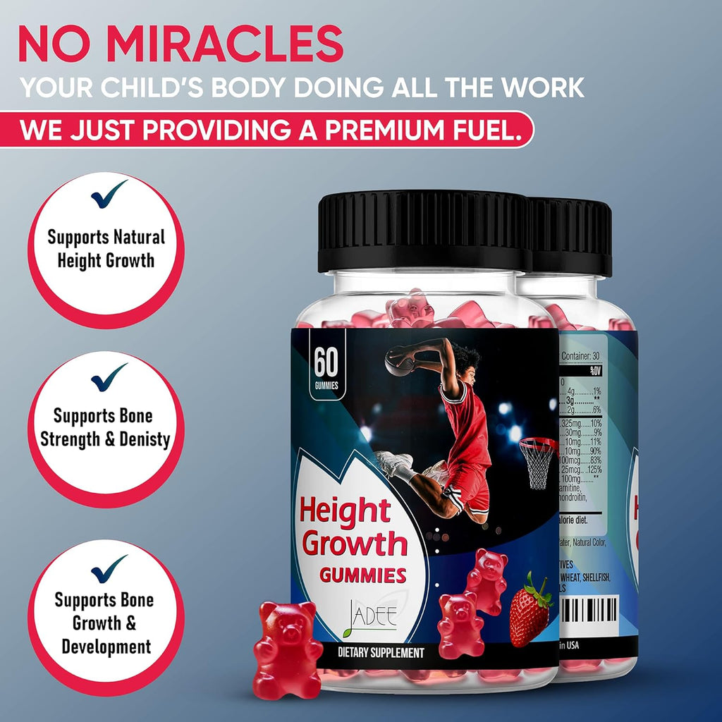 Jadee Gominolas de Crecimiento para Adolescentes y Niños - Calcio 325mg, Vitaminas D3, K2, C, Magnesio, Ashwagandha, Zinc, L-Arginina