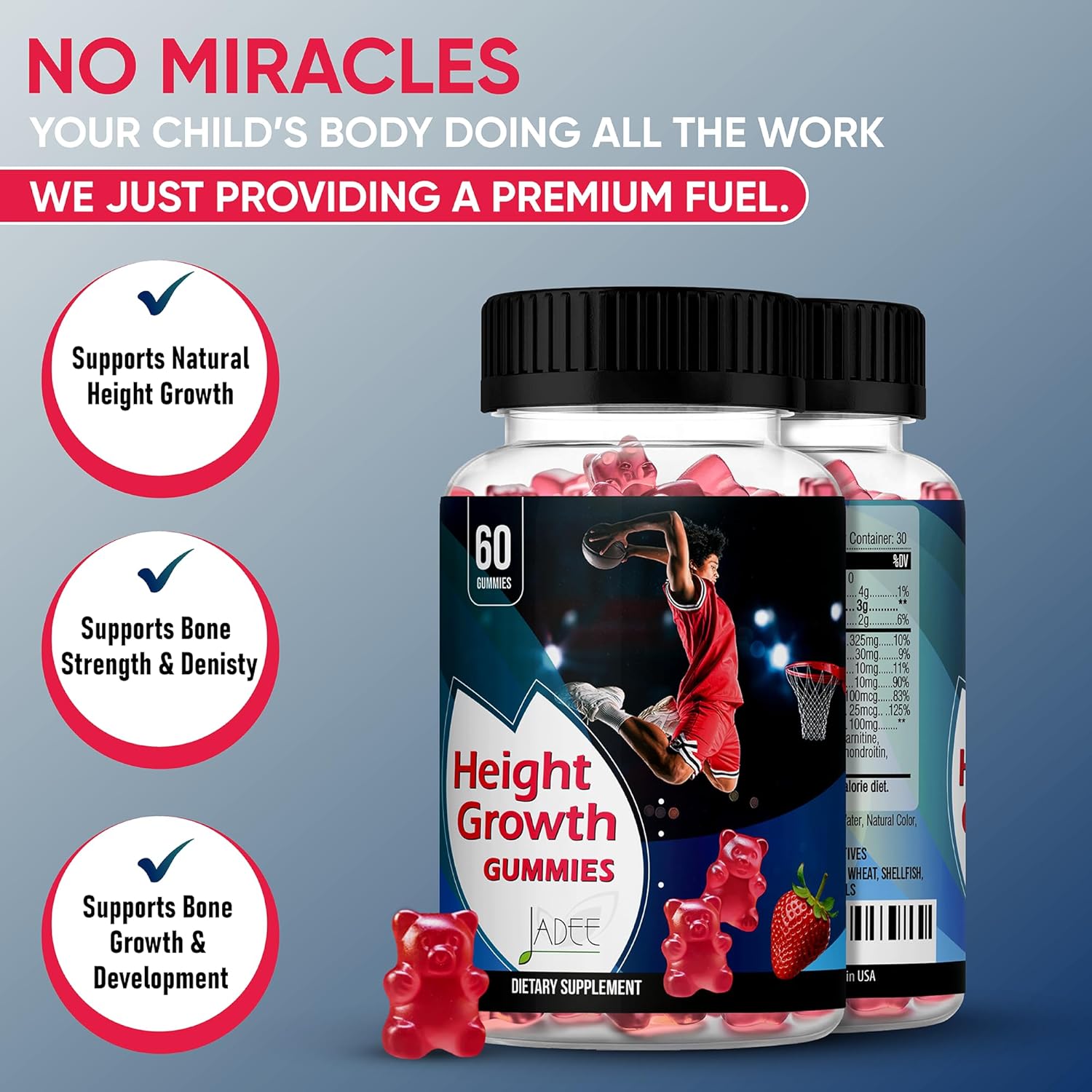 Jadee Gominolas de Crecimiento para Adolescentes y Niños - Calcio 325mg, Vitaminas D3, K2, C, Magnesio, Ashwagandha, Zinc, L-Arginina